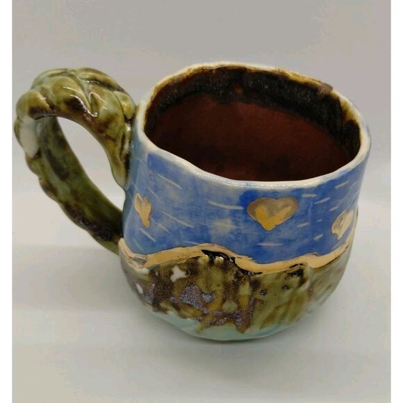 Handmade Coffee Mug - Gold Hearts - Braided Handle - Tea Cup - Picture 4 of 9